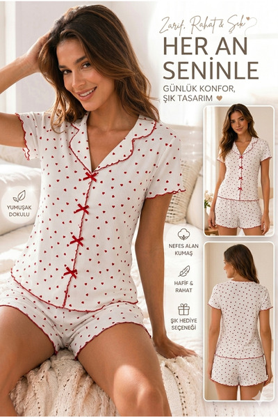 Manolya FineLine Kadın Mini Çiçek Desenli Pijama Takımı Pamuklu Şortlu Ev Giyimi