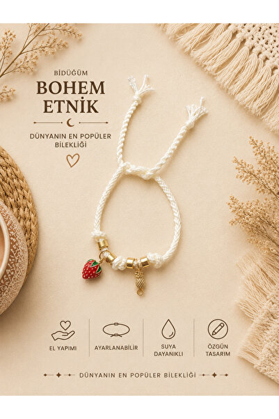Bidüğüm Handmade White Strawberry Charm String Bracelet – Bohemian Ethnic Adj...