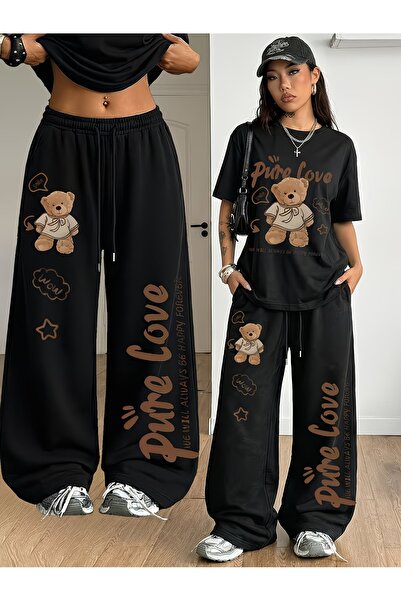 darkopia Unisex Pure Love Bear Printed Oversize Tshirt and Baggy Sweatpants -...