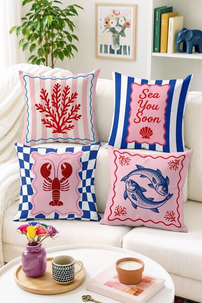 Home Sea You Soon Yazılı Deniz Temalı 4’lü Kırlent Kılıfı Seti - Mercan ve De...