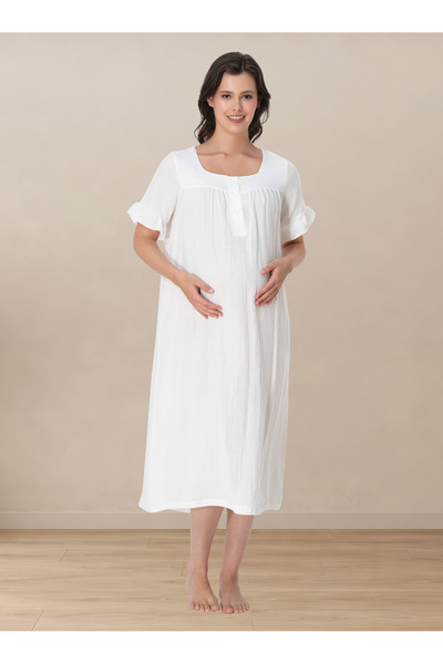 ByLohusa Short Sleeve Muslin Fabric Maternity Nightgown with Breastfeeding Fe...