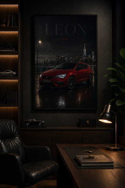 dwarıa Seat Leon FR Kırmızı Araba Posteri – Gece Şehir Manzaralı Spor Otomobi...