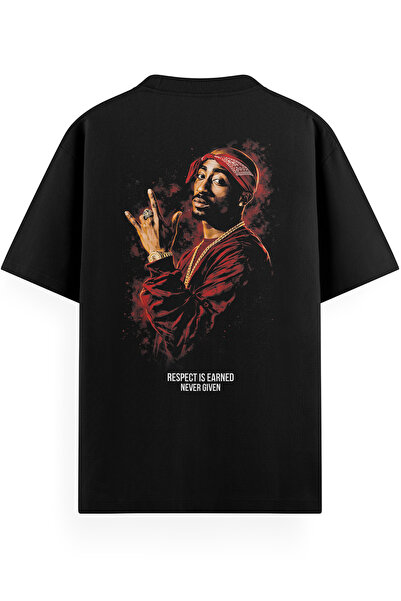 Overoz Erkek / Kadın Siyah Yarı Oversize Tişört 2PAC Sırt Baskılı T-shirt Hip...