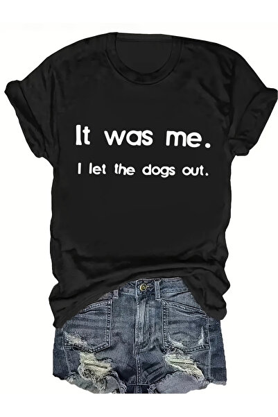 2mcup - تي شيرت نسائي أسود منقوش عليه عبارة مطبوعة "I Let The Dog Out". هذا ا...