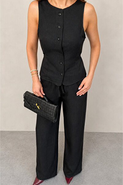 moda armanc Set de vestă și pantaloni pentru femei, amestec de in - Set casua...