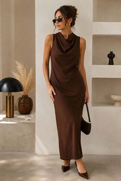 Raneel Kazançlı Alışveriş Women's Boat Neck Midi Dress Bitter Brown