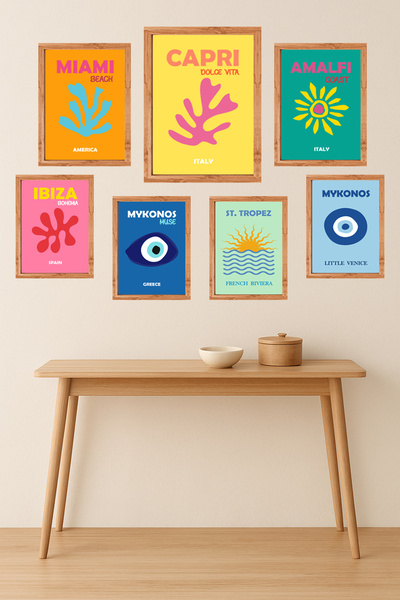 UNT Set de 7 tablouri cu peisaje mediteraneene moderne – Capri, Amalfi, Ibiza...