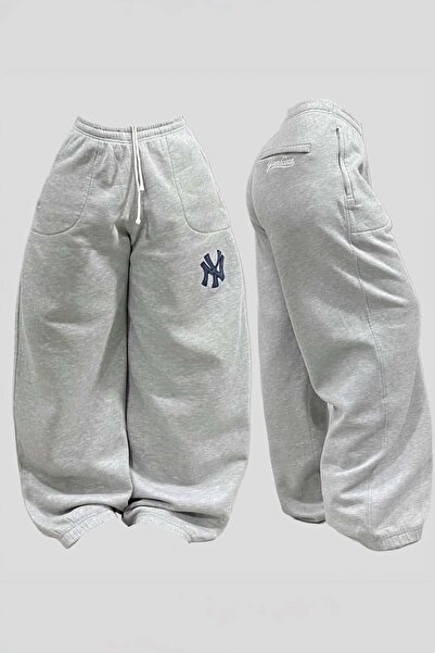 Karakedi Gray Melange Ny Embroidered Baggy Sweatpants