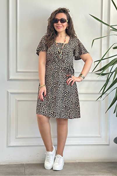 yb yağmur butik Square Collar Angel Sleeve Leopard Pattern Viscose Dress