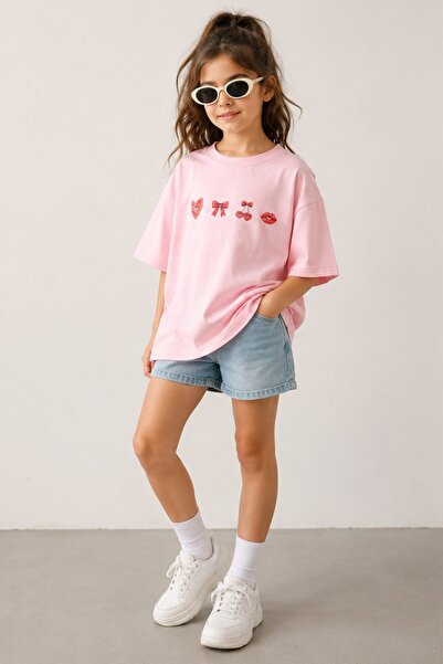 The Champ Clothing Tricou oversize pentru fete, roz, cu imprimeu Cherry Kiss ...