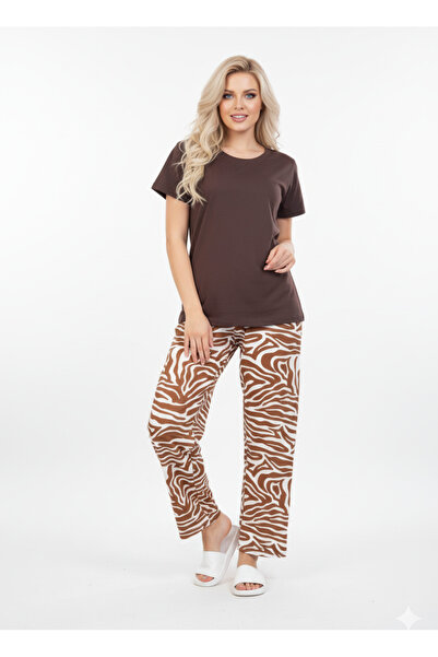 RIZQE Brown T-Shirt Pajamas Set | Zebra Print Loungewear | Rayon Comfort Nigh...