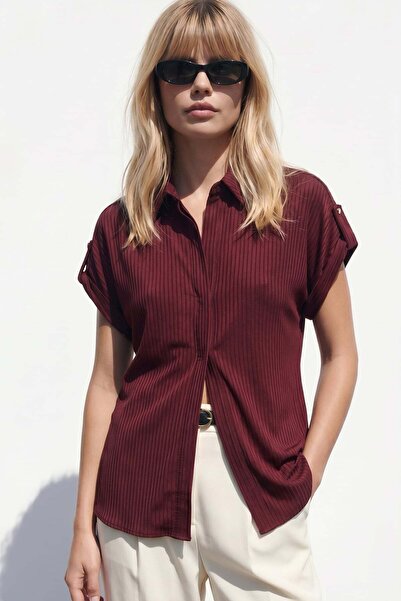 Sateen Stripe Patterned Short Sleeve Shirt - Burgundy