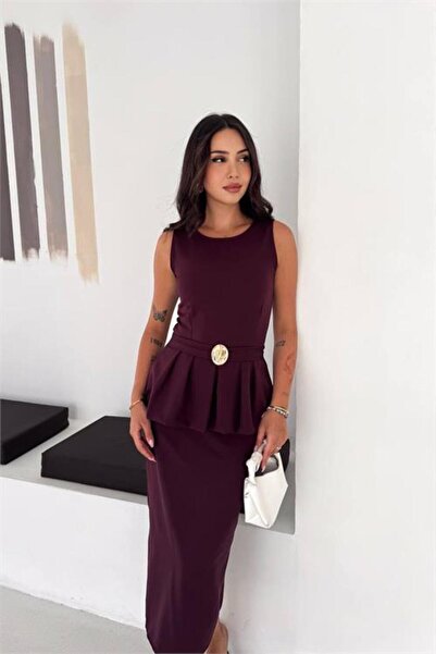 Neşeli Butik Γυναικείο αμάνικο φόρεμα με σχέδιο peplum, μήκους midi, με αγκρά...