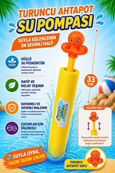 hak-iş oyuncak Turuncu Ahtapot Saplı Su Pompası – 33 cm (Sarı)