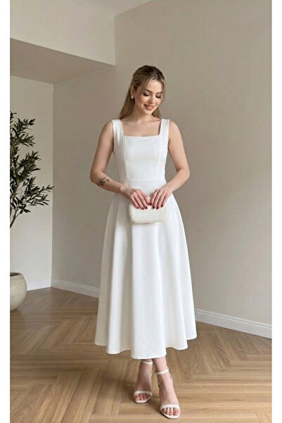 Moda Palmiss Γυναικείο αμάνικο μίντι φόρεμα με τετράγωνο λαιμό και λεπτομέρει...