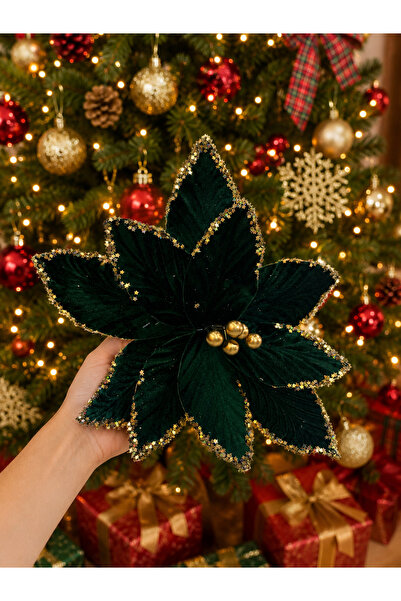 PARTİPORT Christmas Pine Tree Ornament Gold Glitter Decorative Flower 30 cm L...