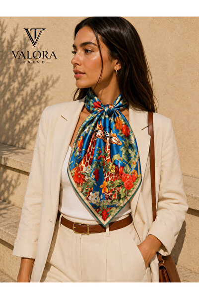 Valora Trend Zürafa Desenli Saten Fular 72x72 cm – Tropikal Çiçek Desenli Kar...