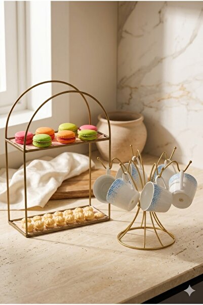 Edora Home Set of 2 Matte Gold Two-Tier Serving Dishes with 6 Hooks Cup Hange...
