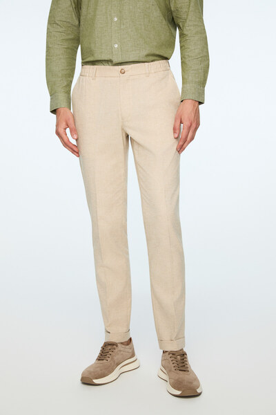 Morven Men's Stone Linen Trendy Patterned Elastic Slim Fit Trousers