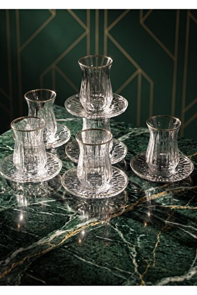 SEÇKİNEV Jewel Echo 12 Piece Tea Cup Set Hand Painted Shiny Silver&Shiny Gold