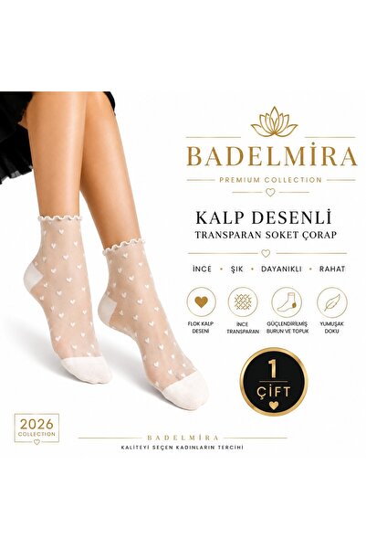 BADELMİRA Heart Patterned Transparent Socks White |   Thin Heart-Patterned Re...
