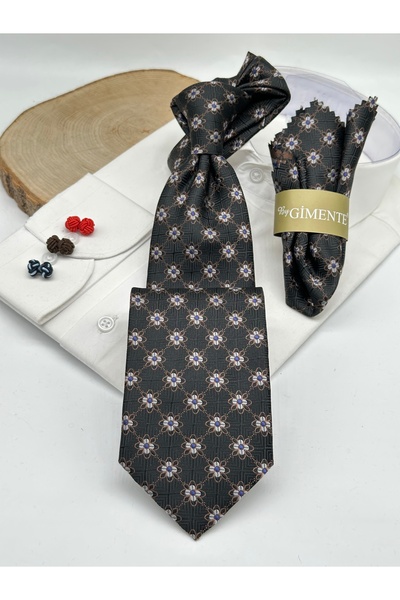 Gutiero Black Patterned Classic Tie with Handkerchief