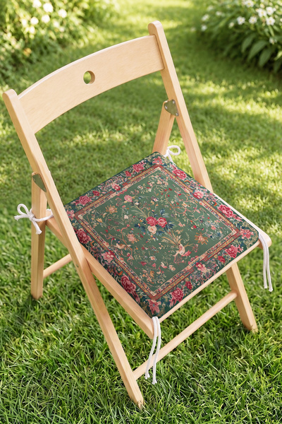 Home Yeşil Zemin Çiçek ve Kuş Desenli Fermuarlı Sandalye Minderi - Vintage De...
