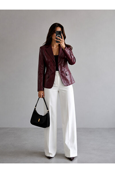 Velmora Leather Hakiki Deri Kadın Ceket Bordo-Siyah