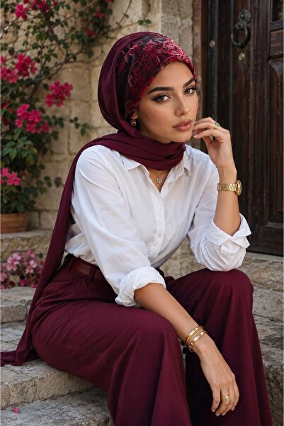 Aişe tesettür Burgundy Flocked Printed Lace-Up Bandana Shawl