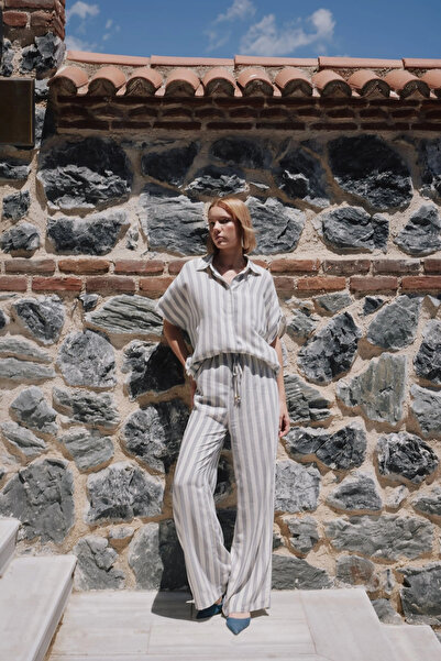 Sateen Çizgili Keten Karışımlı Pantolon