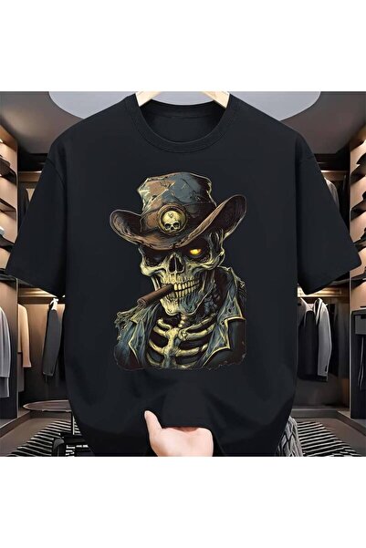 2mcup Style - Cowboy Hat Skull Pattern, 100% Combed Fiber, Round Neck Short S...
