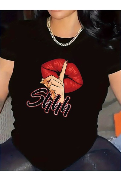 LİNA06 [Restaurant T-Shirt] cotton Short Sleeve T-Shirt Red Lip Design Durabl...