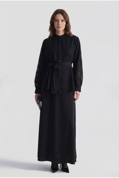 Meşe Moda Γυναικείο Σετ με Λεπτομέρεια Ζώνης, Πουκάμισο με Γιακά και Υφή Ζακά...