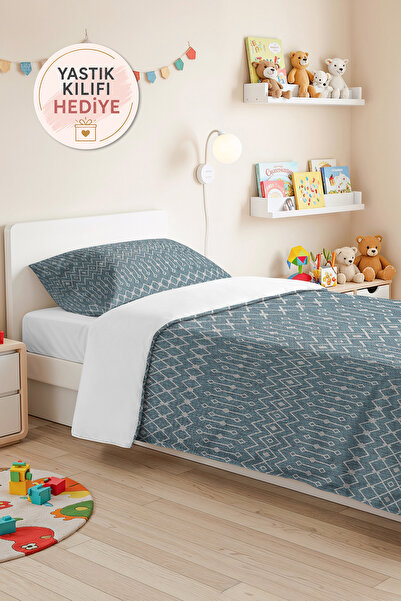 Evimde Bambaşka Blue Geometric Youth Room Single Pique Set-White Nordic 160X2...