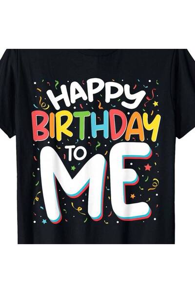 STITCHLY Happy To Me Graphic T-Shirt - Festive Black Tee with Colorful Party ...