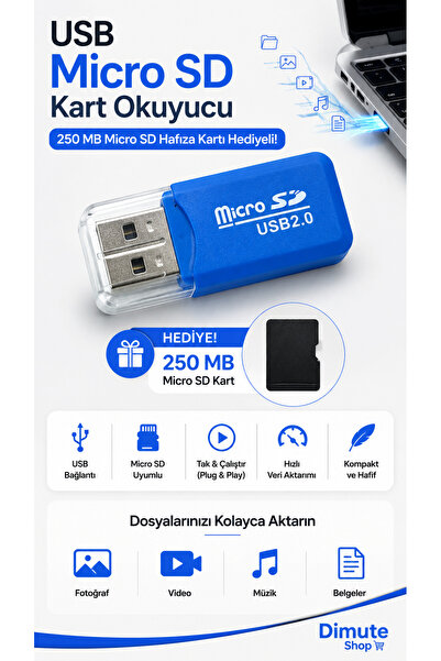 Dimute Shop USB Micro SD Kart Okuyucu TF Hafıza Kart Okuyucu + 250 MB Micro S...