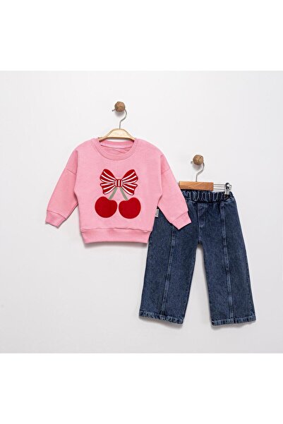 Bulut Sezen Bottom-Top-Long Sleeve-Cherry Embroidery Detailed Denim Set 2-Pie...