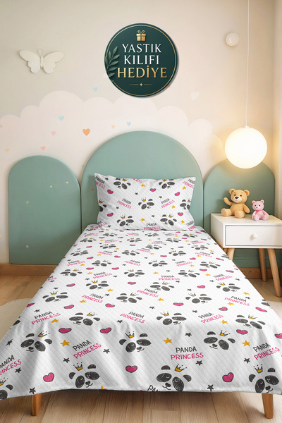 Evimde Bambaşka Panda Pink Girls' Pique Set - White and Gray Baby Room Bedspr...