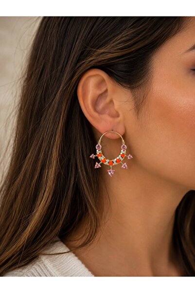 ANKA JEWELLRY Women's Steel Gold Color Pink Enamel Hoop Earrings