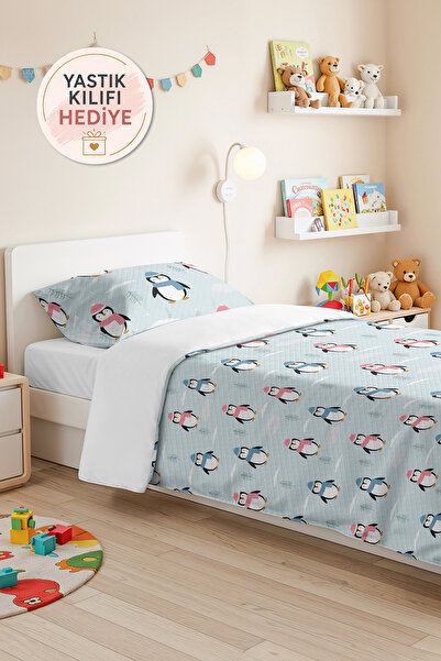 Evimde Bambaşka Blue Penguin Children's Room Single Pique Set-Winter Patterne...
