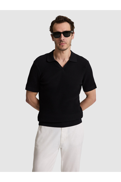 Cacharel Black Slim Fit 100% Cotton Apaş Collar Knitwear T-Shirt 50320580-Vr046