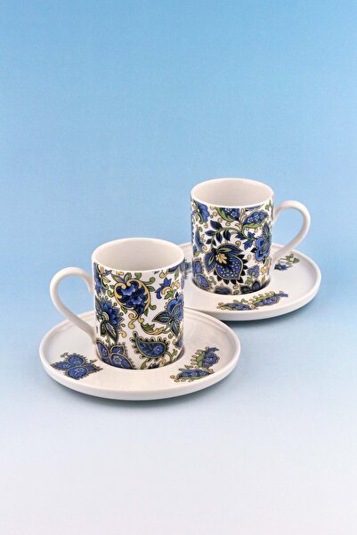Bursa Porselen Dekor Blue Paisley Two-Person Porcelain Coffee Cup Set