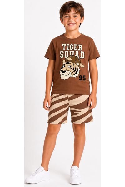 İrem Çocuk Giyim Boy's Tiger Squad Written Lion Patterned Short Sleeve Shorts...