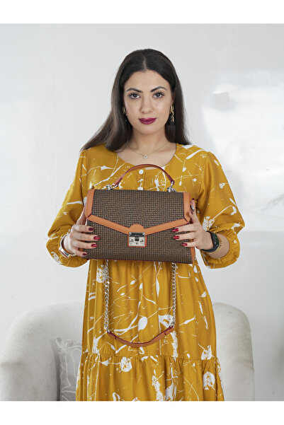Finelook Textured Leather Handbag with Chain Strap & Lock Closure