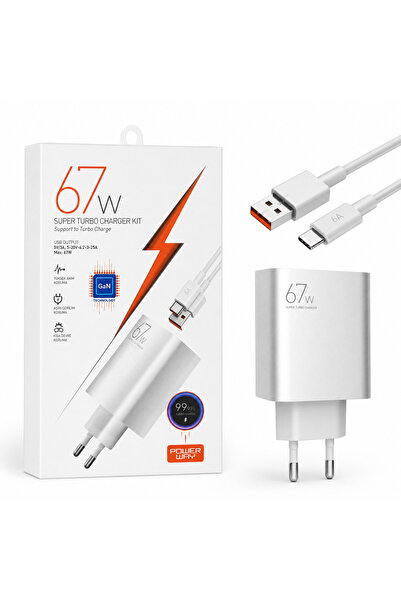Power Way 67W GaN Hızlı Şarj Aleti Seti USB-A -Type-C Kablo Dahil Süper Turbo Şarj Adaptörü