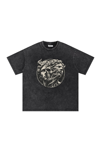 Bravebell Black Washed Dual Face Mythology Printed Unisex Oversize T-Shirt