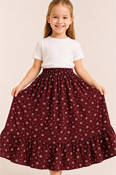 DUBAİ ÇOCUK Girl's Long Skirt Summer Patterned Elastic Waist Comfortable Loos...