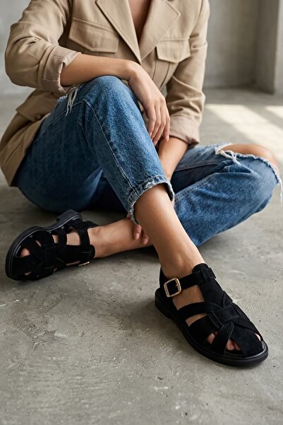 DURUNUN BUTİĞİ Denis Women's Black Suede Ankle Strap Buckle Casual Sandals