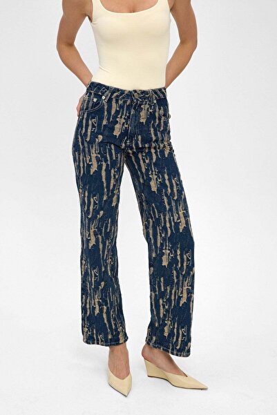 Kadın Jakarlı Wide Leg Jean Pantolon İndigo