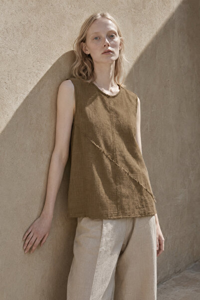 Ivoire Wear Brown Cross Stitch Detailed 100% Cotton Sleeveless Women's Blouse